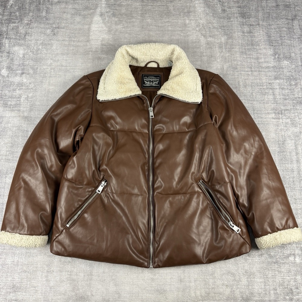 Levis Jacket Womans 1X Brown Breanna Sherpa Puffer Faux Leather Aviator Coat